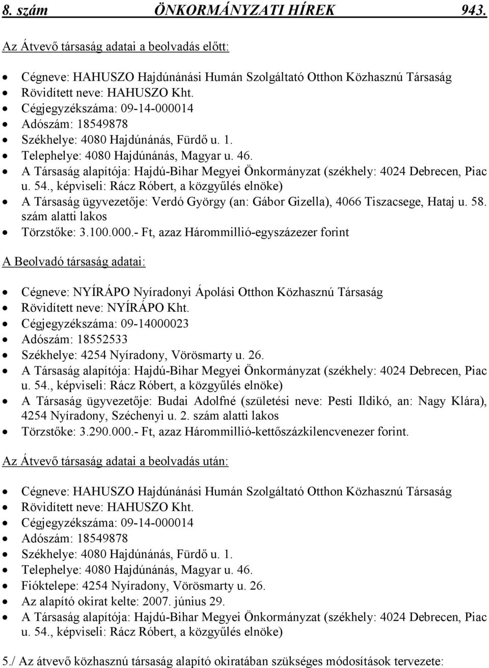 A Társaság alapítója: Hajdú-Bihar Megyei Önkormányzat (székhely: 4024 Debrecen, Piac u. 54.