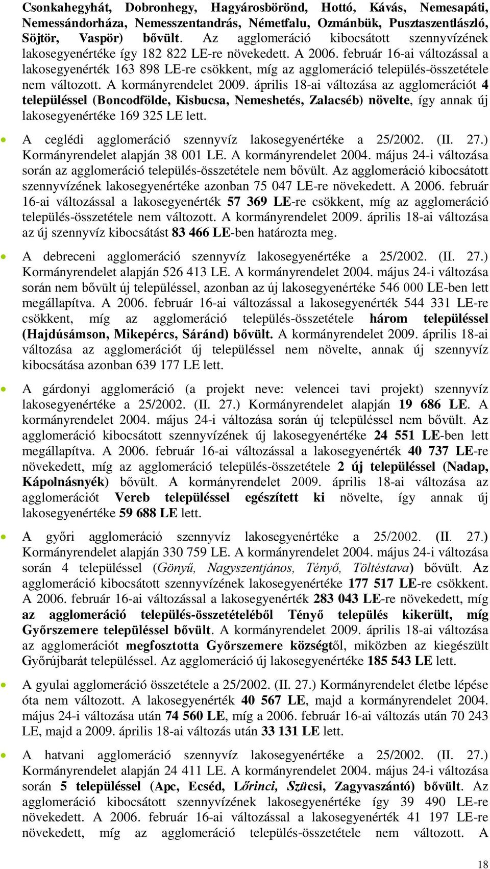 február 16-ai változással a lakosegyenérték 163 898 LE-re csökkent, míg az agglomeráció település-összetétele nem változott. A kormányrendelet 2009.