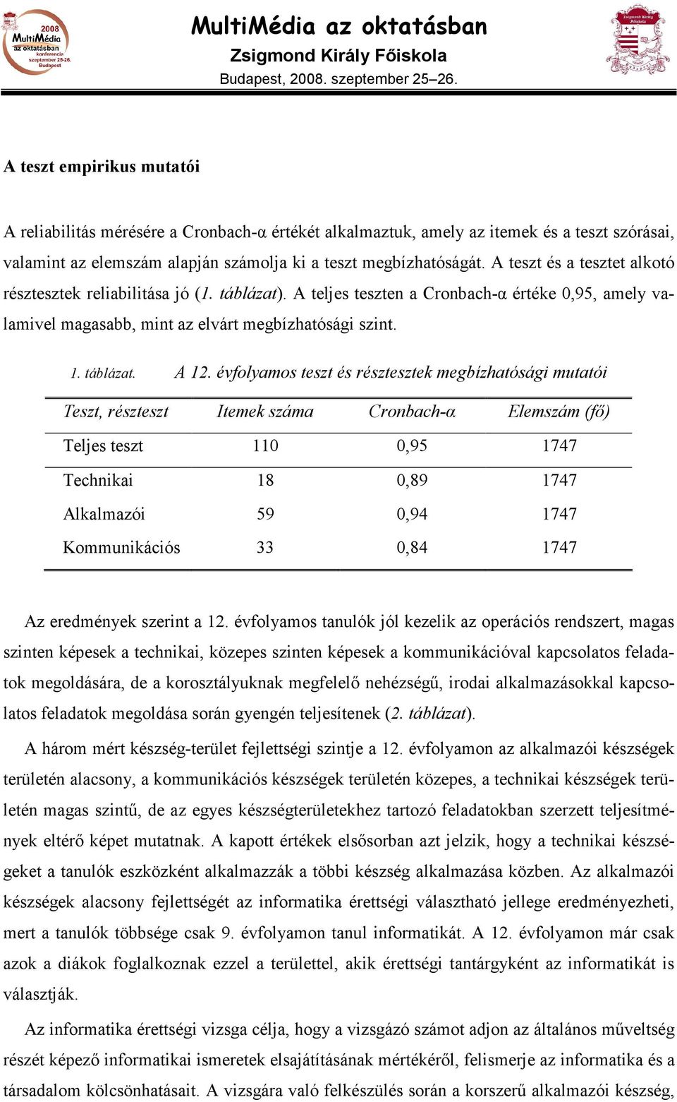 évfolyamos teszt és résztesztek megbízhatósági mutatói Teszt, részteszt Itemek száma Cronbach-α Elemszám (fı) Teljes teszt 110 0,95 1747 Technikai 18 0,89 1747 Alkalmazói 59 0,94 1747 Kommunikációs