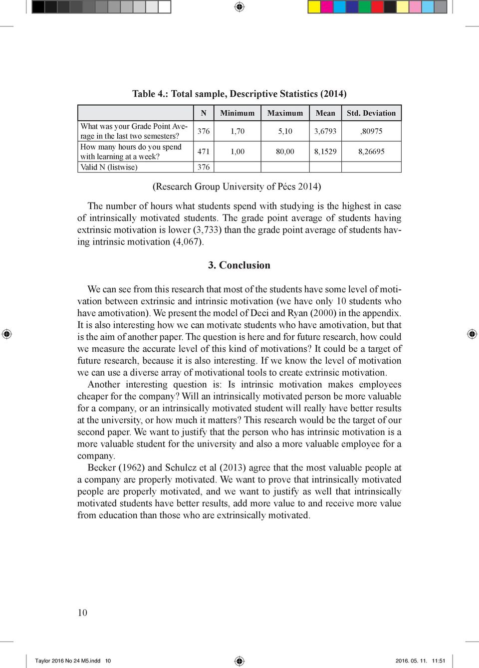 471 1,00 80,00 8,1529 8,26695 Valid N (listwise) 376 (Research Group University of Pécs 2014) The number of hours what students spend with studying is the highest in case of intrinsically motivated