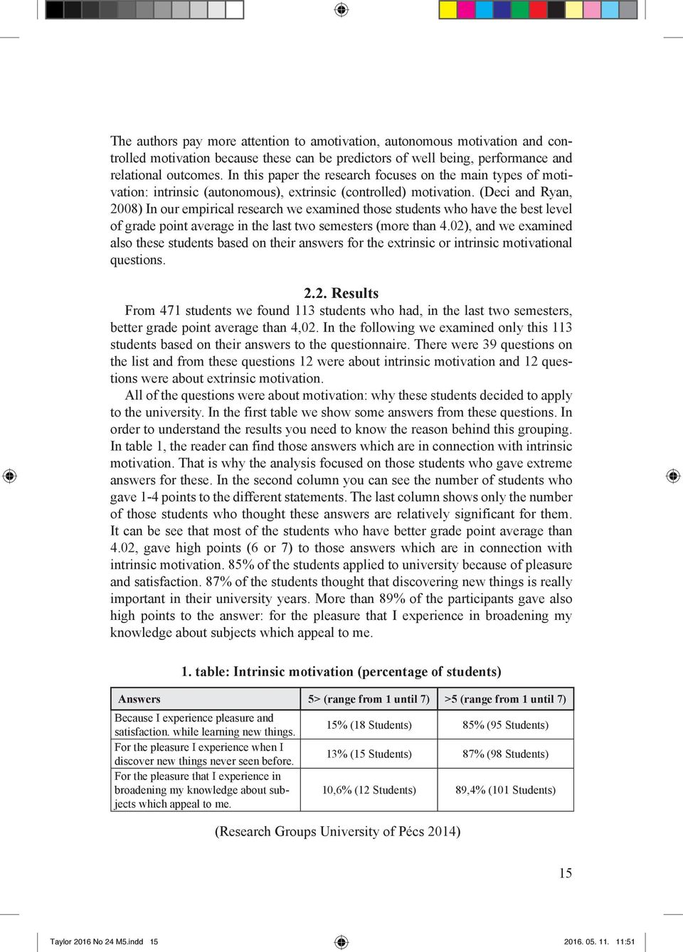 (Deci and Ryan, 2008) In our empirical research we examined those students who have the best level of grade point average in the last two semesters (more than 4.