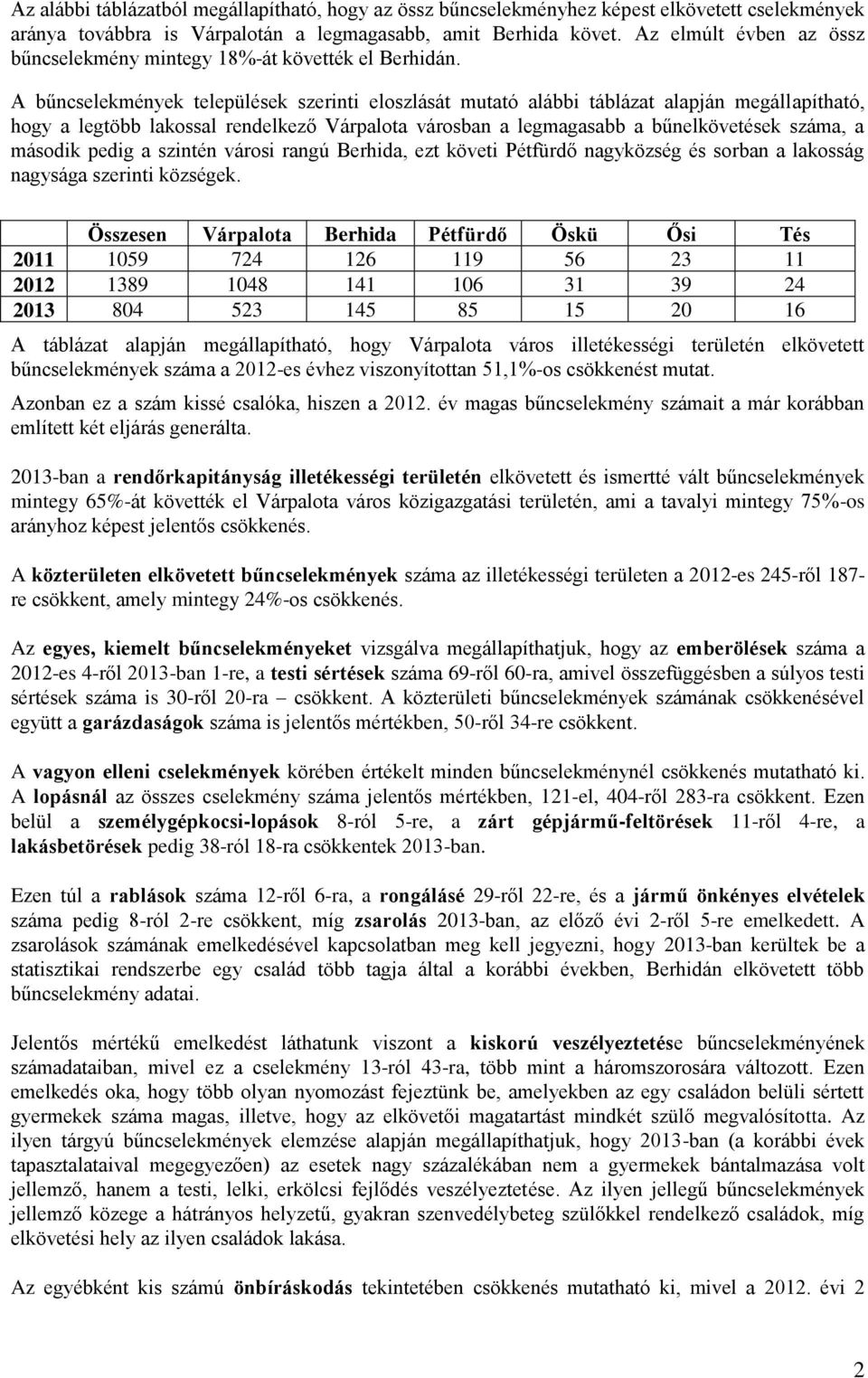 A bűncselekmények települések szerinti eloszlását mutató alábbi táblázat alapján megállapítható, hogy a legtöbb lakossal rendelkező Várpalota városban a legmagasabb a bűnelkövetések száma, a második