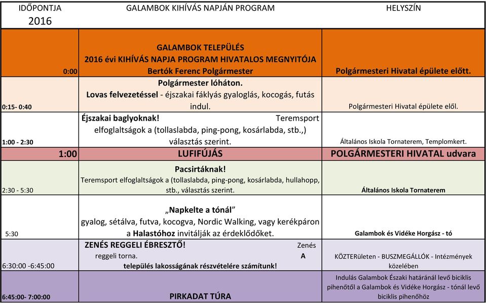 Teremsport elfoglaltságok a (tollaslabda, ping-pong, kosárlabda, stb.,) választás szerint. Általános Iskola Tornaterem, Templomkert. 1:00 LUFIFÚJÁS POLGÁRMESTERI HIVATAL udvara Pacsirtáknak!