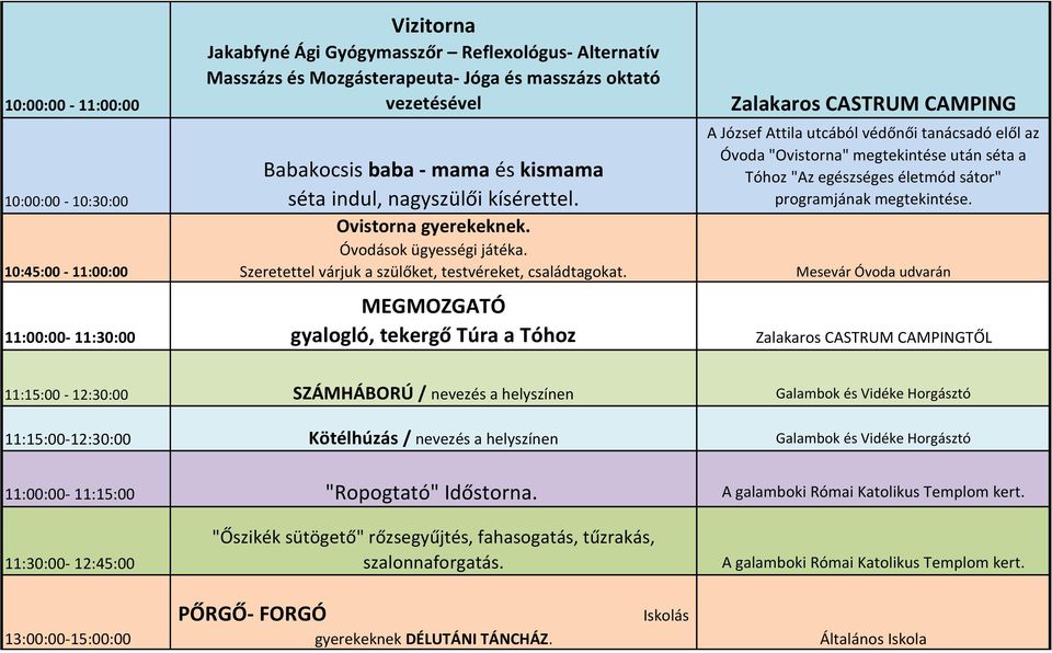 MEGMOZGATÓ gyalogló, tekergő Túra a Tóhoz Zalakaros CASTRUM CAMPING A József Attila utcából védőnői tanácsadó elől az Óvoda "Ovistorna" megtekintése után séta a Tóhoz "Az egészséges életmód sátor"