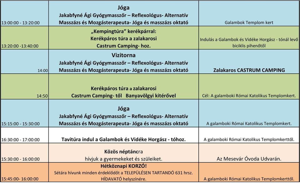 zalakarosi Castrum Camping- től Banyavölgyi kitérővel Jóga Cél: kert. kert. 16:30:00-17:00:00 Tavitúra indul a Galambok és Vidéke Horgász - tóhoz. kerttől.