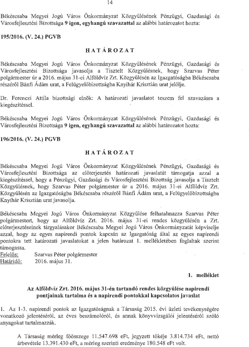 a 2016. május 31-ei Alföldvíz Zrt. Kö zgy űlésén az Igazgatóságba Békéscsaba részé rő l Bánfi Ádám urat, a Felügyelőbizottságba Knyihár Krisztián urat jelölje. Dr.