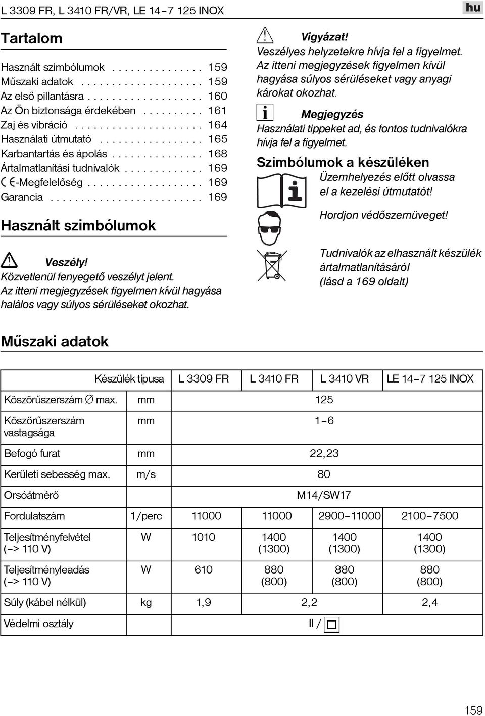 ........................ 169 Használt szimbólumok Közvetlenül fenyegetõ veszélyt jelent. Az itteni megjegyzések figyelmen kívül hagyása halálos vagy súlyos sérüléseket okozhat. Vigyázat!