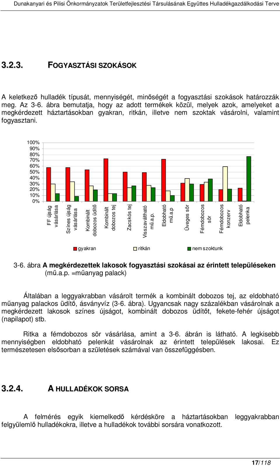 100% 90% 80% 70% 60% 50% 40% 30% 20% 10% 0% FF újság vásárlása Színes újság vásárlása Kombinált dobozos üdít Kombinált dobozos tej Zacskós tej Visszaváltható m.a.p. Eldobható m.a.p Üveges sör Fémdobozos sör Fémdobozos konzerv Eldobható pelenka gyakran ritkán nem szoktunk 3-6.
