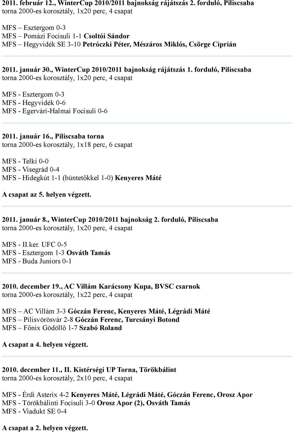 , WinterCup 2010/2011 bajnokság rájátszás 1. forduló, Piliscsaba MFS - Esztergom 0-3 MFS - Hegyvidék 0-6 MFS - Egervári-Halmai Focisuli 0-6 2011. január 16.