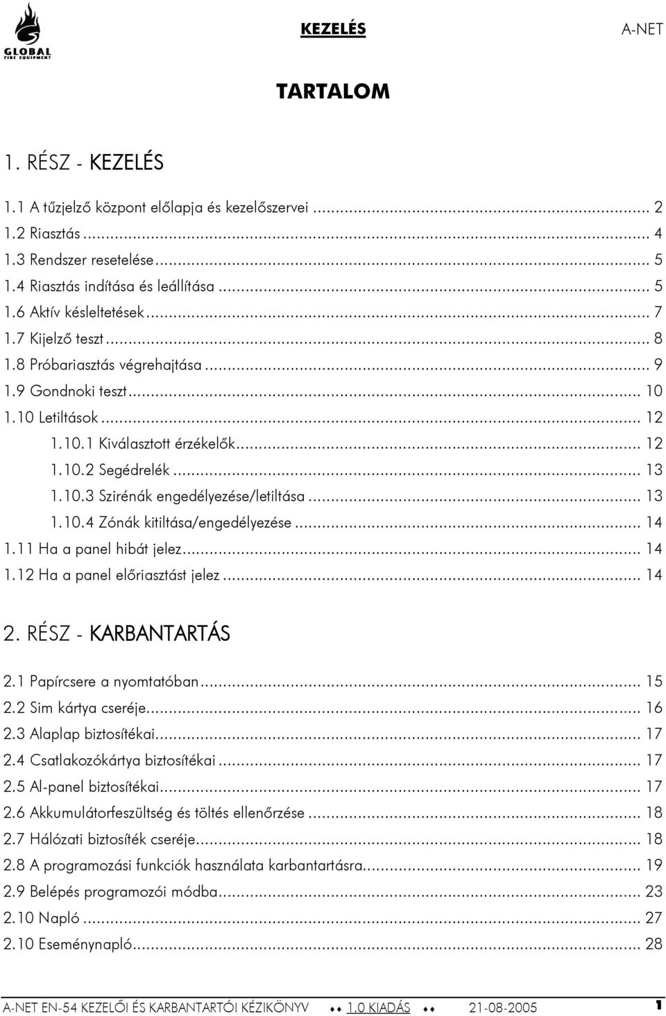 .. 13 1.10.4 Zónák kitiltása/engedélyezése... 14 1.11 Ha a panel hibát jelez... 14 1.12 Ha a panel előriasztást jelez... 14 2. RÉSZ KARBANTARTÁS 2.1 Papírcsere a nyomtatóban... 15 2.