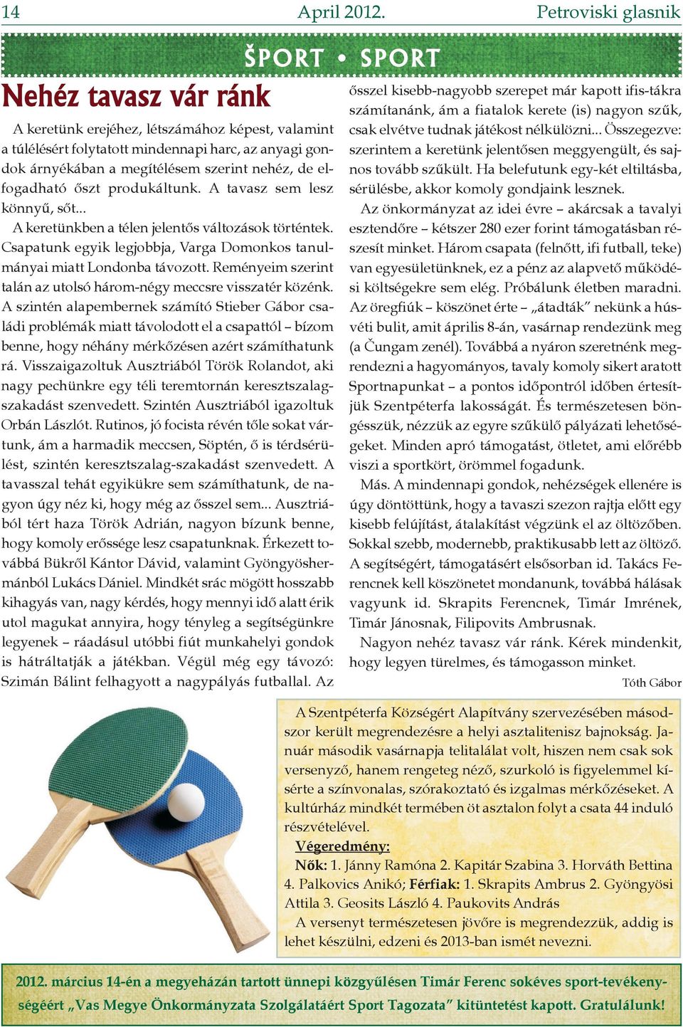 produkáltunk. A tavasz sem lesz könnyű, sőt... A keretünkben a télen jelentős változások történtek. Csapatunk egyik legjobbja, Varga Domonkos tanulmányai miatt Londonba távozott.