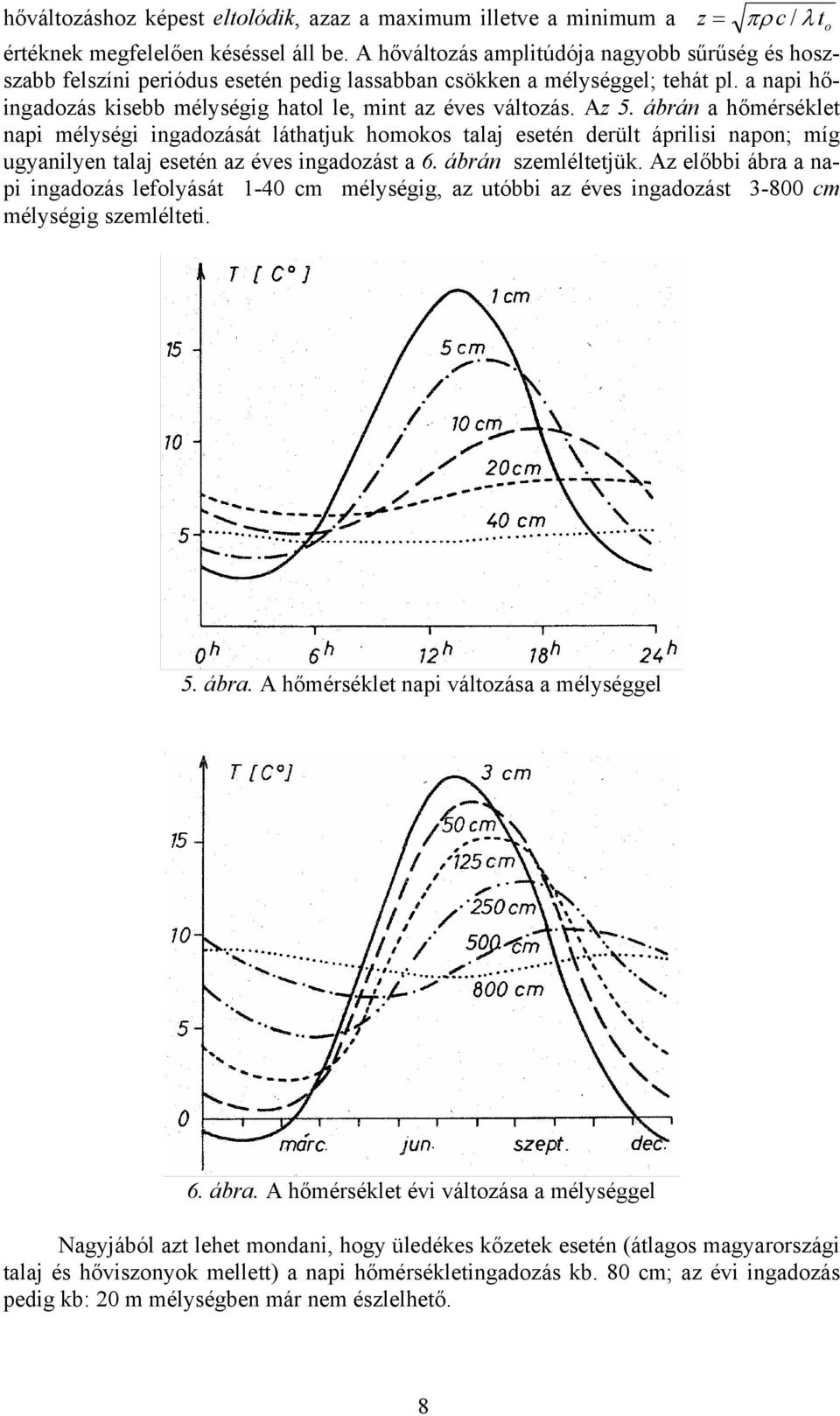 Az 5. ábrán a hőmérséklet napi mélységi ingadozását láthatjuk homokos talaj esetén derült áprilisi napon; míg ugyanilyen talaj esetén az éves ingadozást a 6. ábrán szemléltetjük.