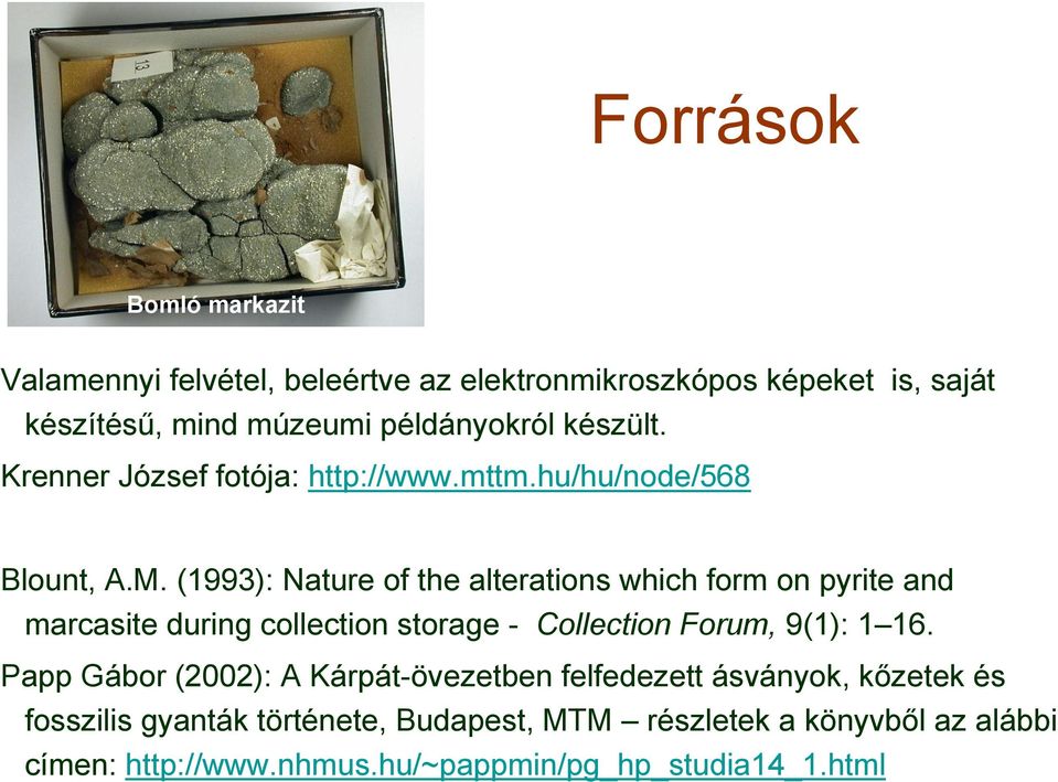 (1993): Nature of the alterations which form on pyrite and marcasite during collection storage - Collection Forum, 9(1): 1 16.