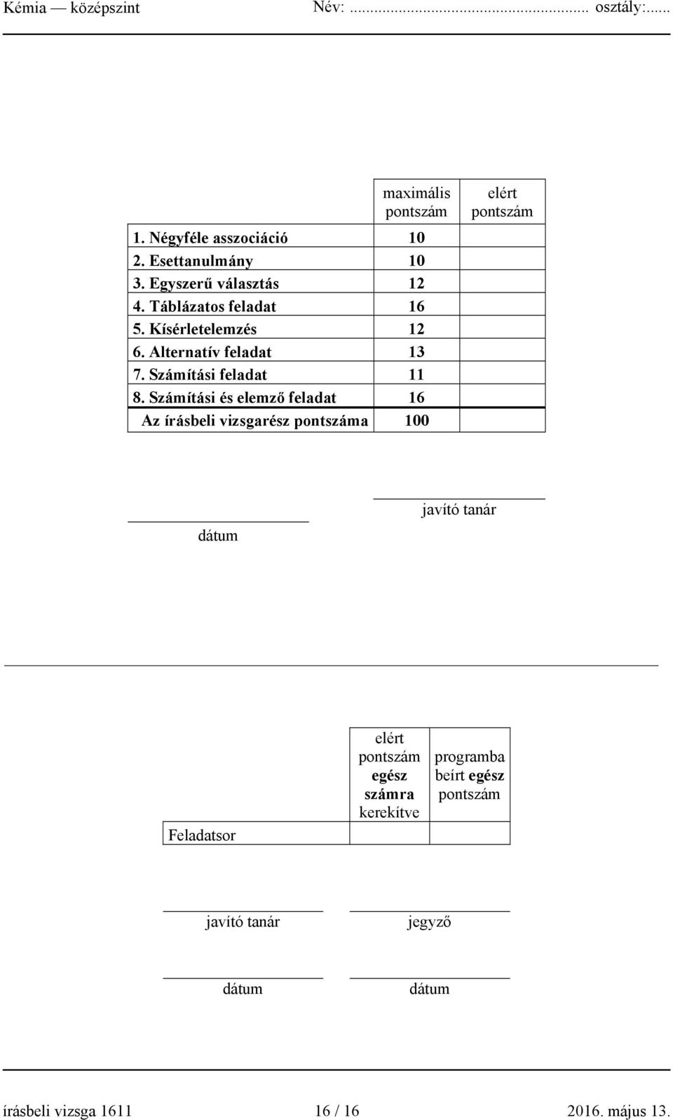 Számítási és elemző feladat 16 Az írásbeli vizsgarész pontszáma 100 elért pontszám dátum javító tanár