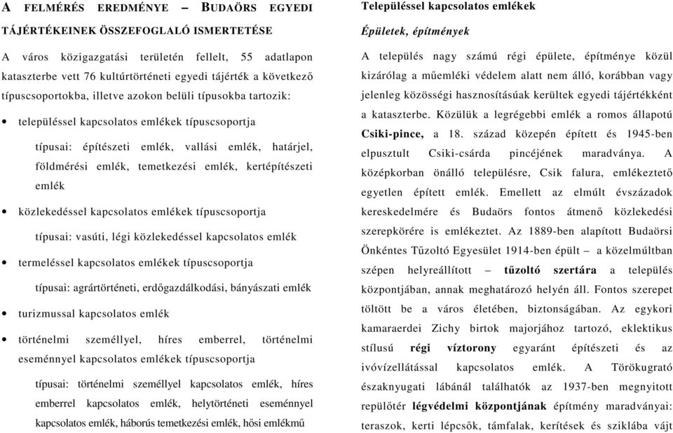 kertépítészeti emlék közlekedéssel kapcsolatos emlékek típuscsoportja típusai: vasúti, légi közlekedéssel kapcsolatos emlék termeléssel kapcsolatos emlékek típuscsoportja típusai: agrártörténeti,