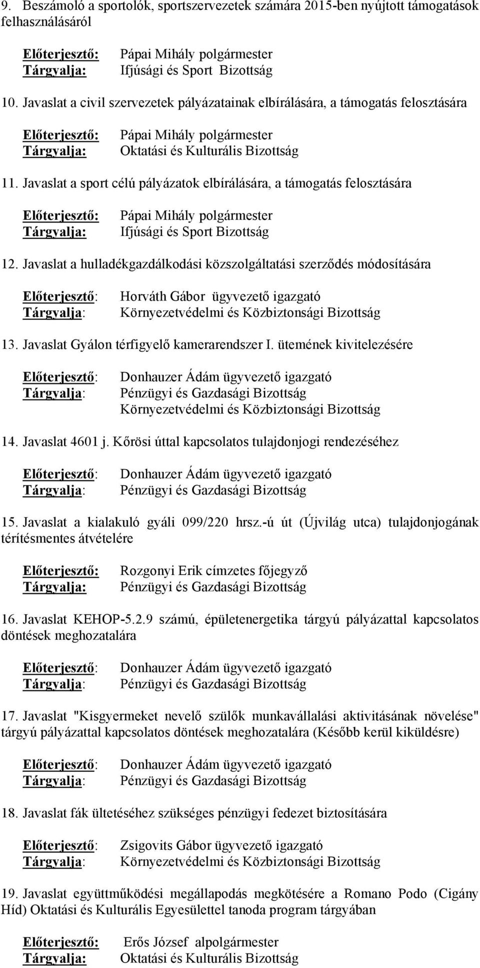 Javaslat a sport célú pályázatok elbírálására, a támogatás felosztására Pápai Mihály Ifjúsági és Sport Bizottság 12.