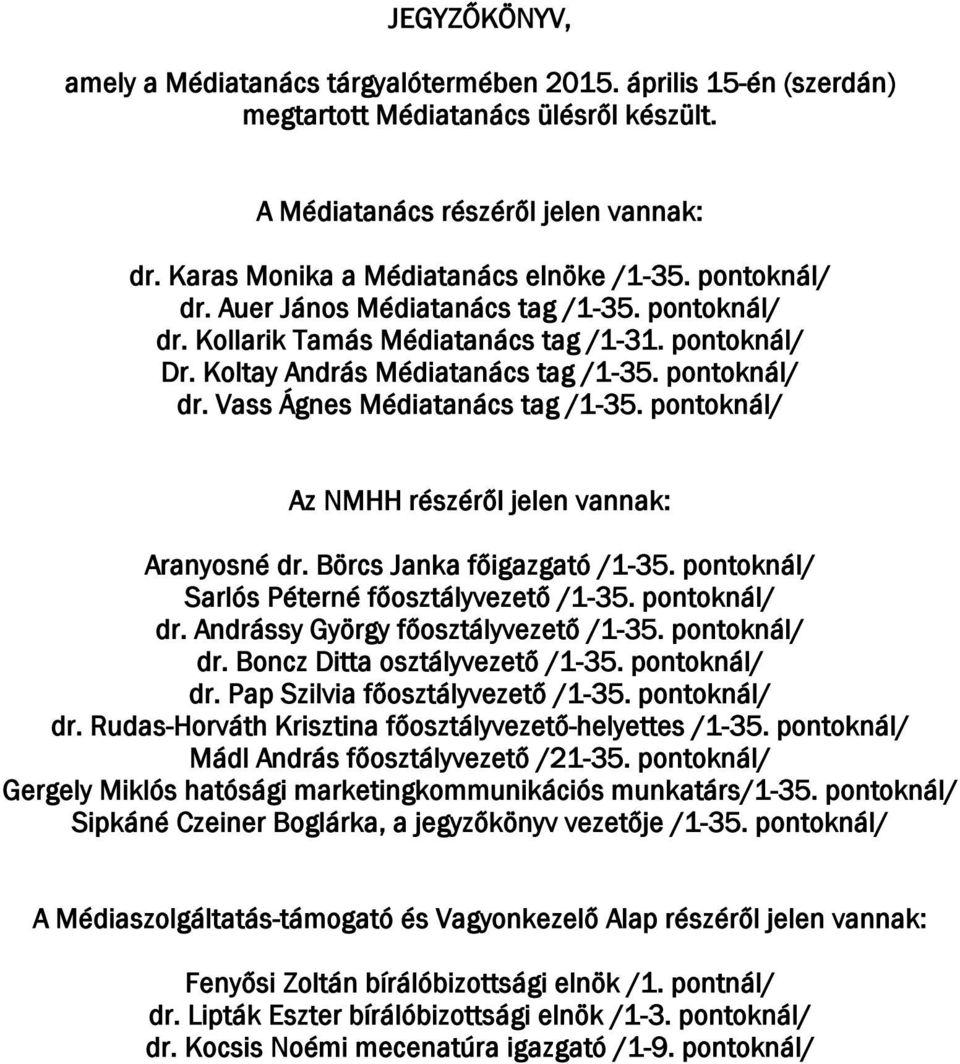 pontoknál/ dr. Vass Ágnes Médiatanács tag /1-35. pontoknál/ Az NMHH részéről jelen vannak: Aranyosné dr. Börcs Janka főigazgató /1-35. pontoknál/ Sarlós Péterné főosztályvezető /1-35. pontoknál/ dr.