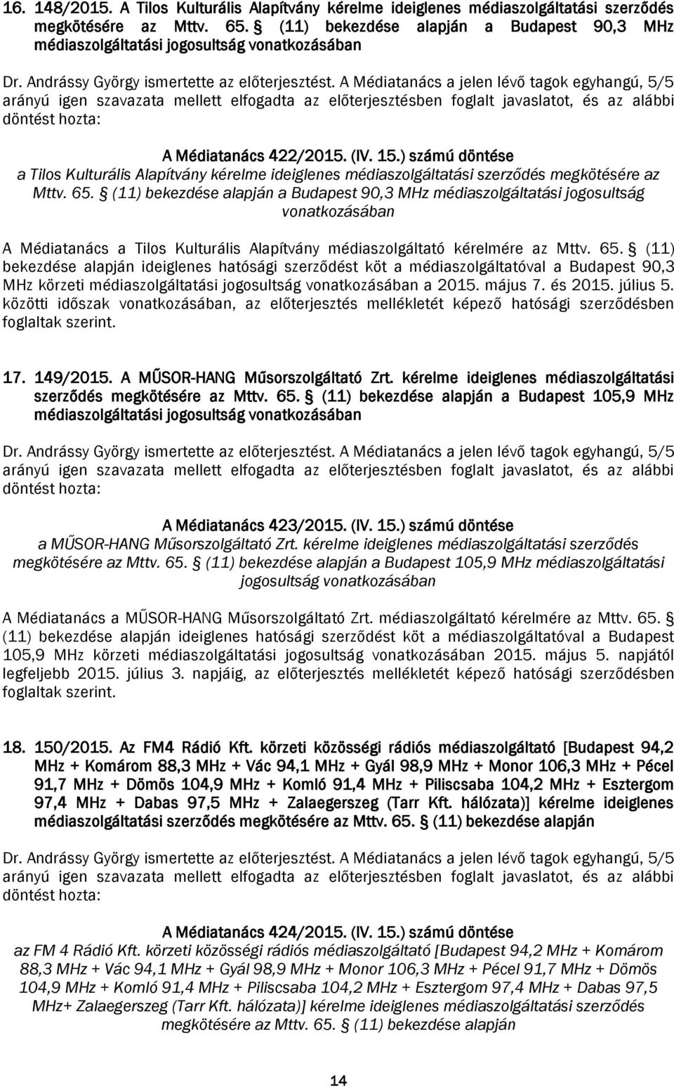 A Médiatanács a jelen lévő tagok egyhangú, 5/5 A Médiatanács 422/2015. (IV. 15.) számú döntése a Tilos Kulturális Alapítvány kérelme ideiglenes médiaszolgáltatási szerződés megkötésére az Mttv. 65.