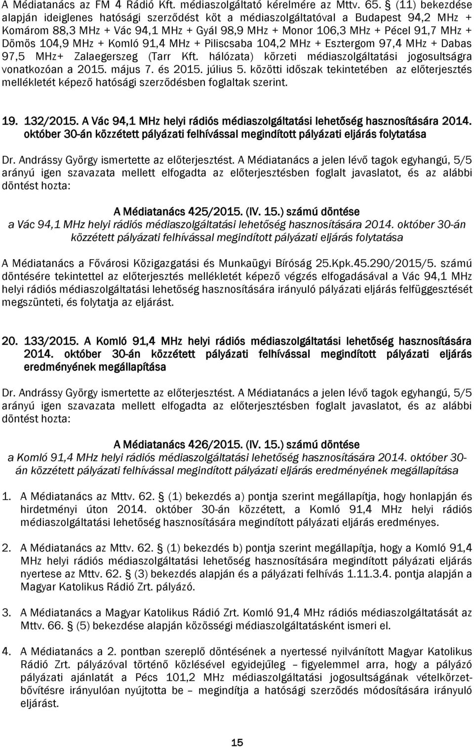 MHz + Komló 91,4 MHz + Piliscsaba 104,2 MHz + Esztergom 97,4 MHz + Dabas 97,5 MHz+ Zalaegerszeg (Tarr Kft. hálózata) körzeti médiaszolgáltatási jogosultságra vonatkozóan a 2015. május 7. és 2015.