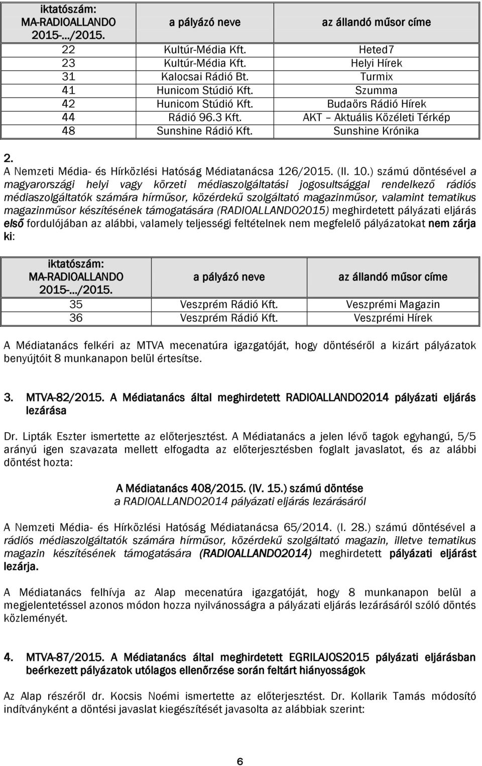 A Nemzeti Média- és Hírközlési Hatóság Médiatanácsa 126/2015. (II. 10.