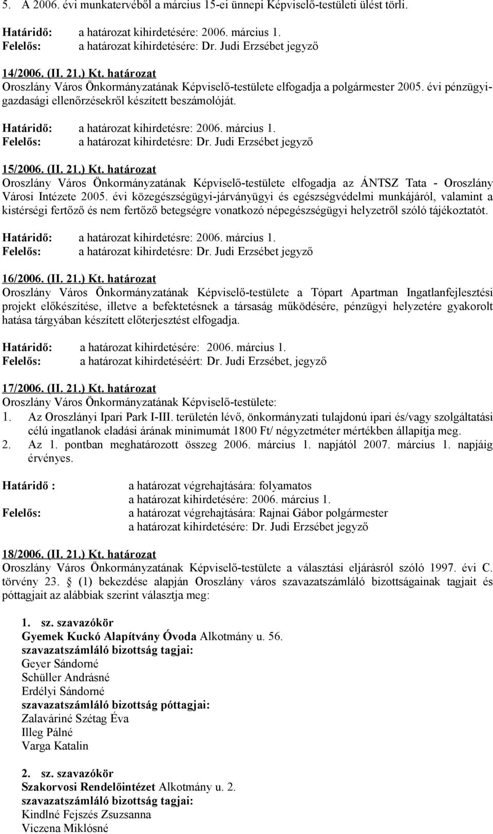 Határidő: a határozat kihirdetésre: 2006. március 1. Felelős: a határozat kihirdetésre: Dr. Judi Erzsébet jegyző 15/2006. (II. 21.) Kt.