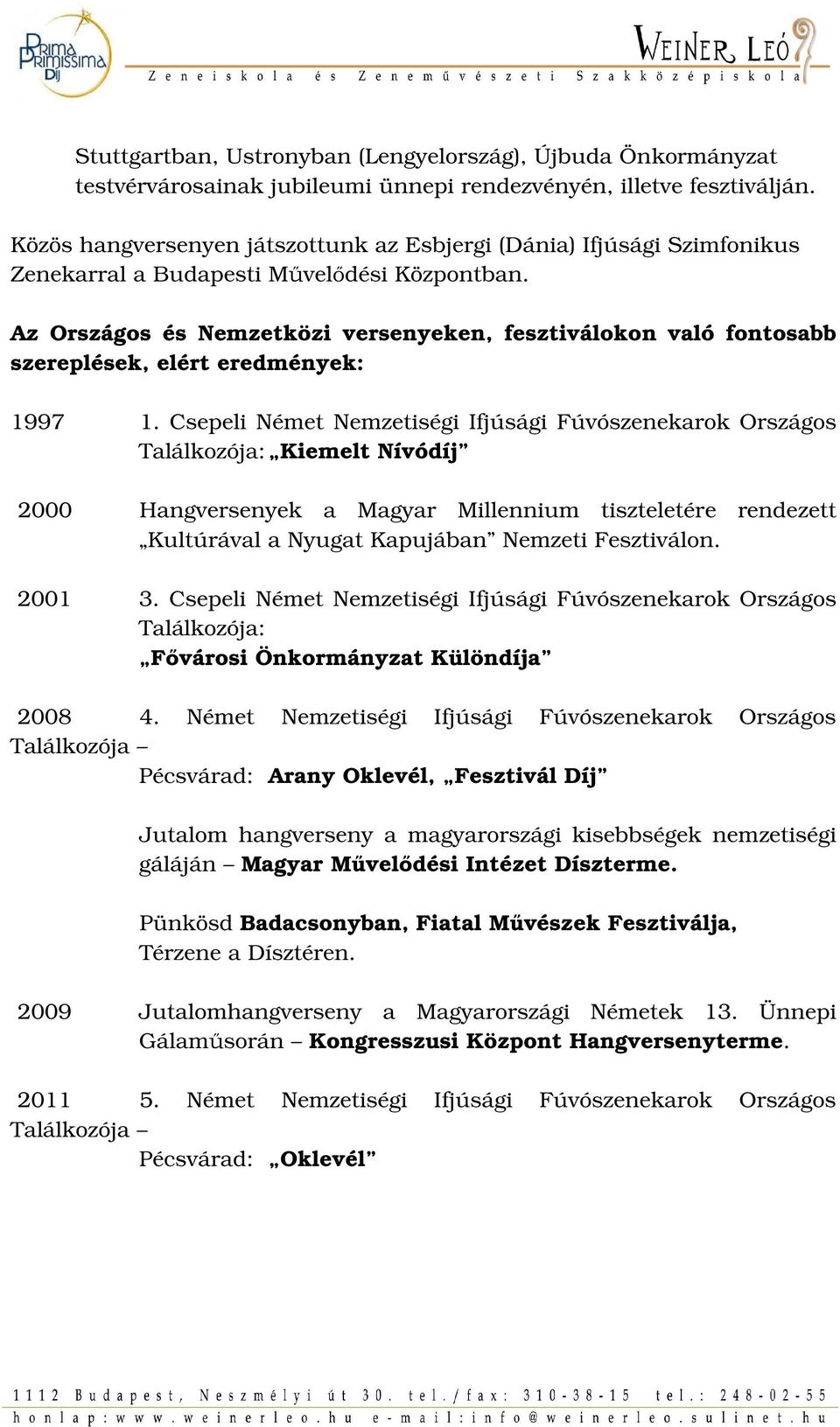 Az Országos és Nemzetközi versenyeken, fesztiválokon való fontosabb szereplések, elért eredmények: 1997 1.