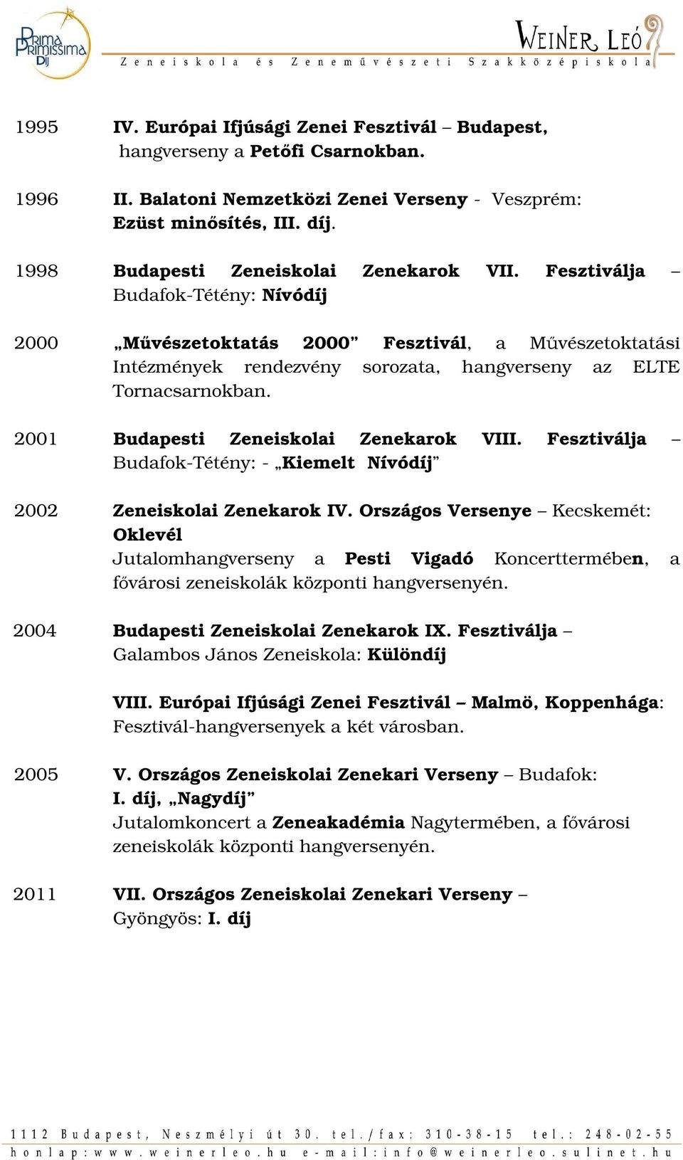 Fesztiválja Budafok-Tétény: Nívódíj 2000 Művészetoktatás 2000 Fesztivál, a Művészetoktatási Intézmények rendezvény sorozata, hangverseny az ELTE Tornacsarnokban.