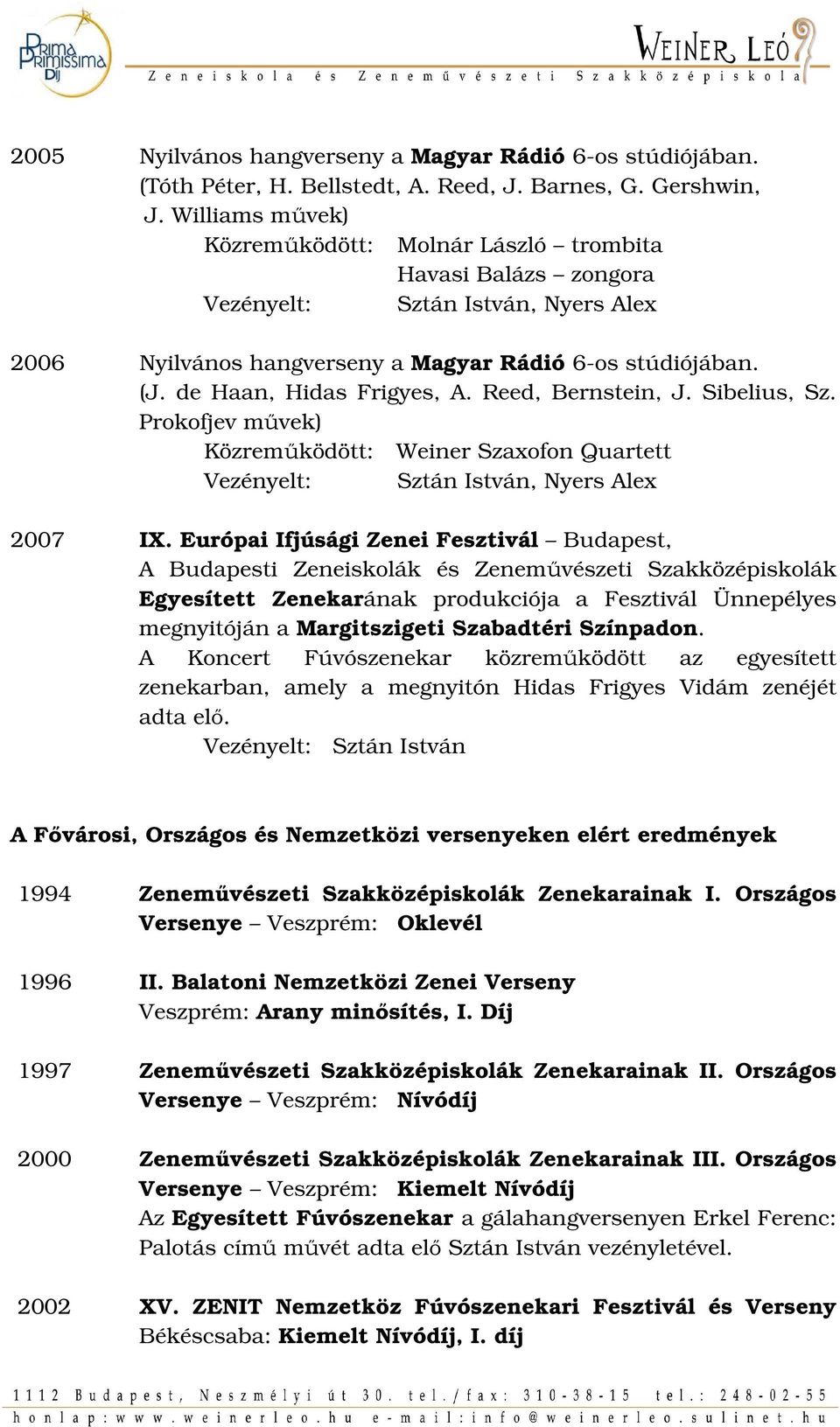 de Haan, Hidas Frigyes, A. Reed, Bernstein, J. Sibelius, Sz. Prokofjev művek) Közreműködött: Weiner Szaxofon Quartett Vezényelt: Sztán István, Nyers Alex 2007 IX.