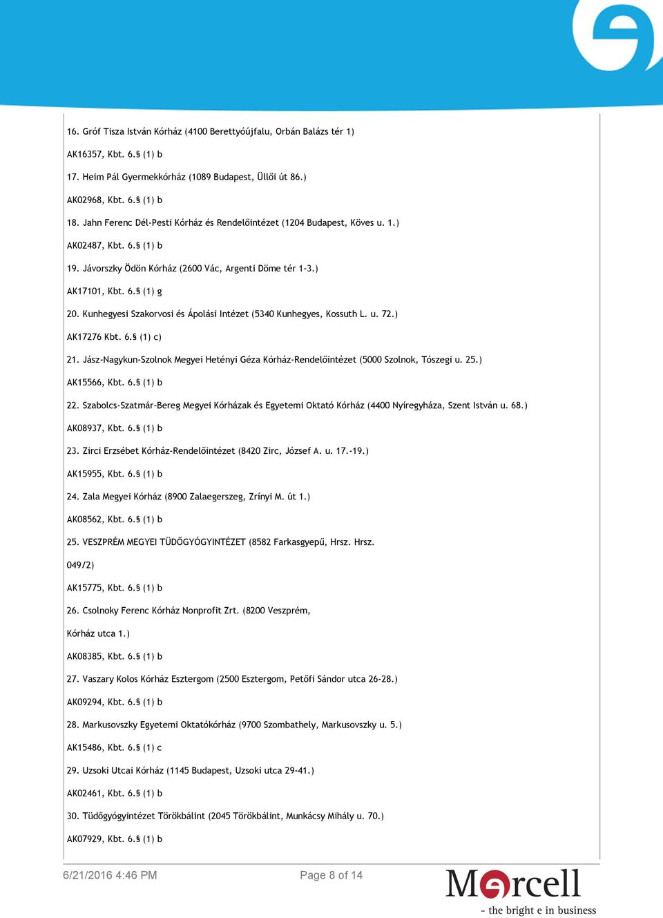 Kunhegyesi Szakorvosi és Ápolási Intézet (5340 Kunhegyes, Kossuth L. u. 72.) AK17276 Kbt. 6. (1) c) 21. Jász-Nagykun-Szolnok Megyei Hetényi Géza Kórház-Rendelőintézet (5000 Szolnok, Tószegi u. 25.