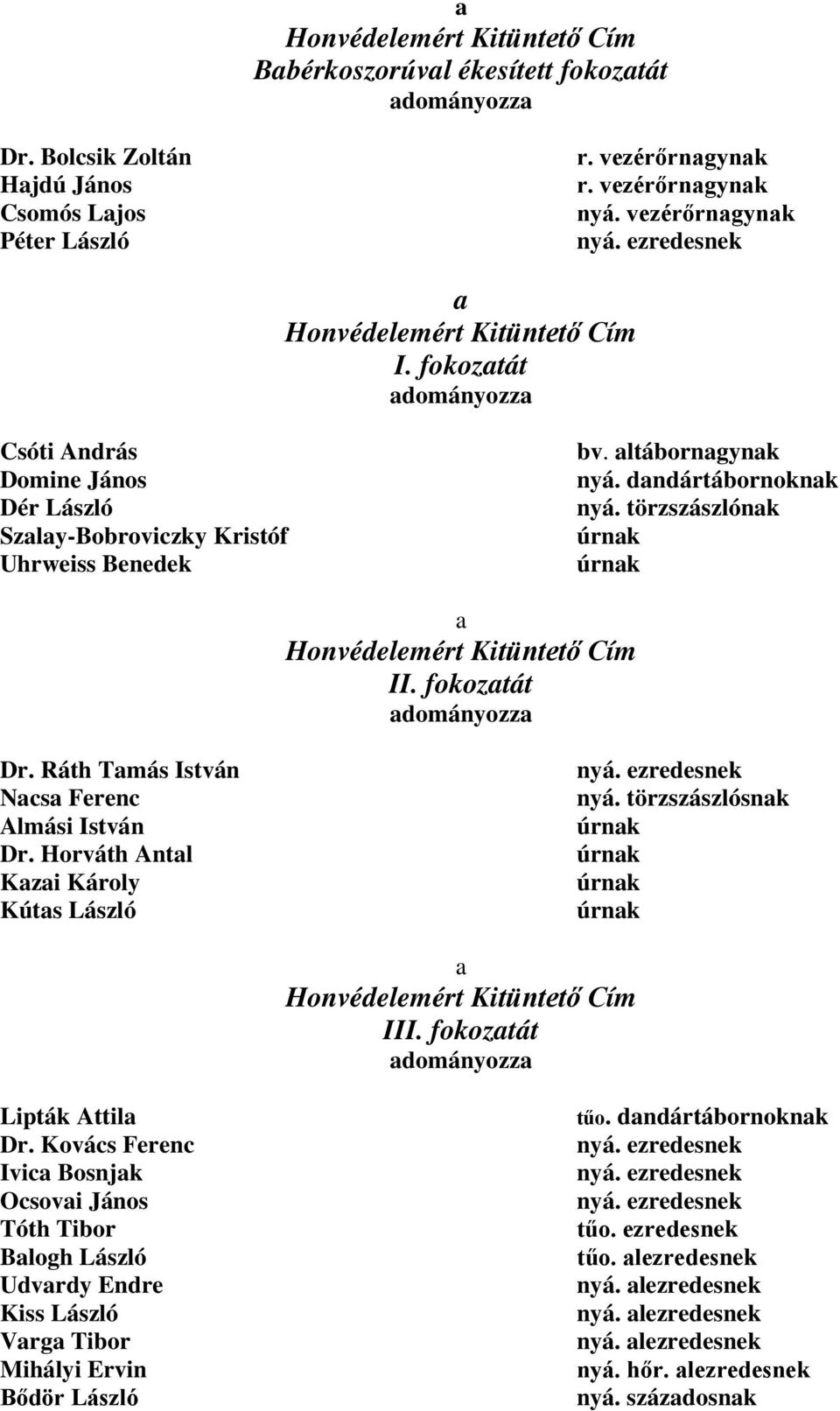 fokoztát Dr. Ráth Tmás István Ncs Ferenc Almási István Dr. Horváth Antl Kzi Károly Kúts László III. fokoztát Lipták Attil Dr.