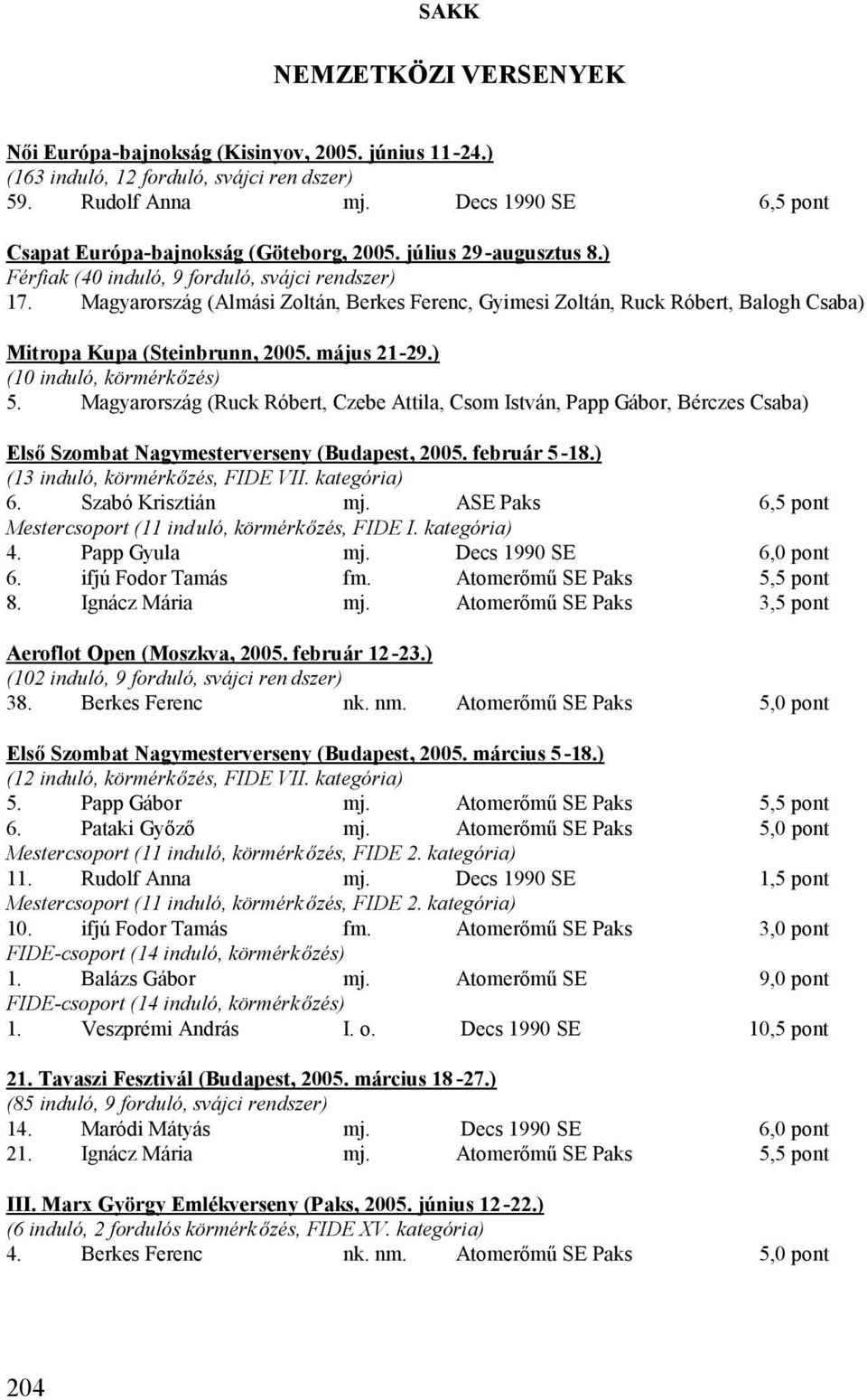 május 21-29.) (10 induló, körmérkőzés) 5. Magyarország (Ruck Róbert, Czebe Attila, Csom István, Papp Gábor, Bérczes Csaba) Első Szombat Nagymesterverseny (Budapest, 2005. február 5-18.