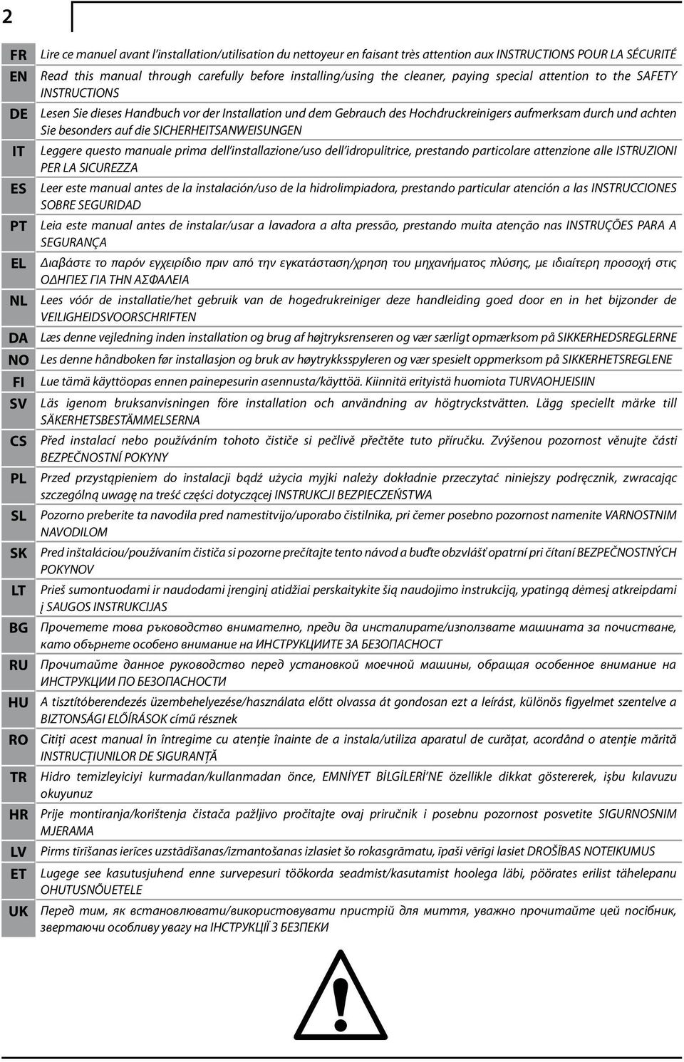 die SICHERHEITSANWEISUNGEN IT Leggere questo manuale prima dell installazione/uso dell idropulitrice, prestando particolare attenzione alle ISTRUZIONI PER LA SICUREZZA ES Leer este manual antes de la