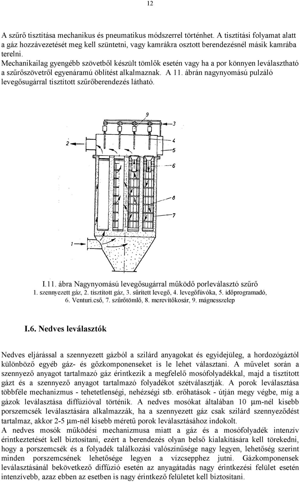 ábrán nagynyomású pulzáló levegősugárral tisztított szűrőberendezés látható. I.11. ábra Nagynyomású levegősugárral működő porleválasztó szűrő 1. szennyezett gáz, 2. tisztított gáz, 3.