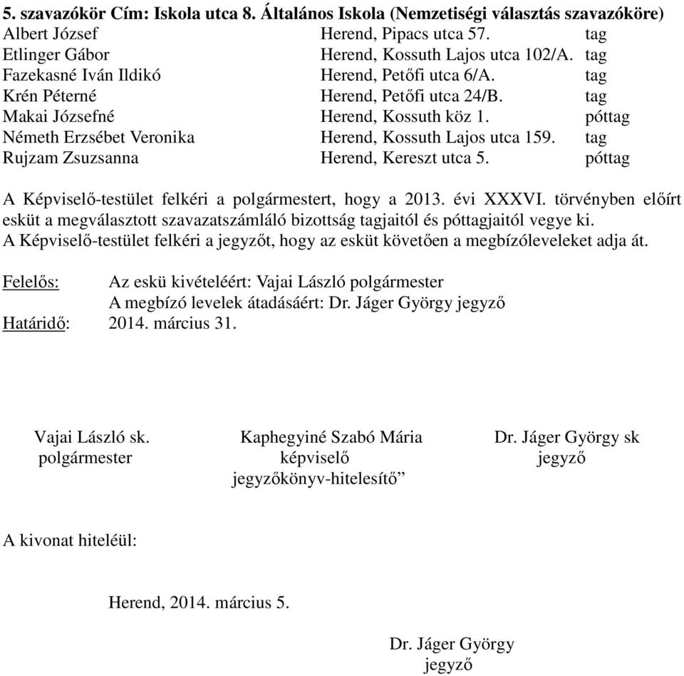 tag Rujzam Zsuzsanna Herend, Kereszt utca 5. póttag A Képviselő-testület felkéri a polgármestert, hogy a 2013. évi XXXVI.