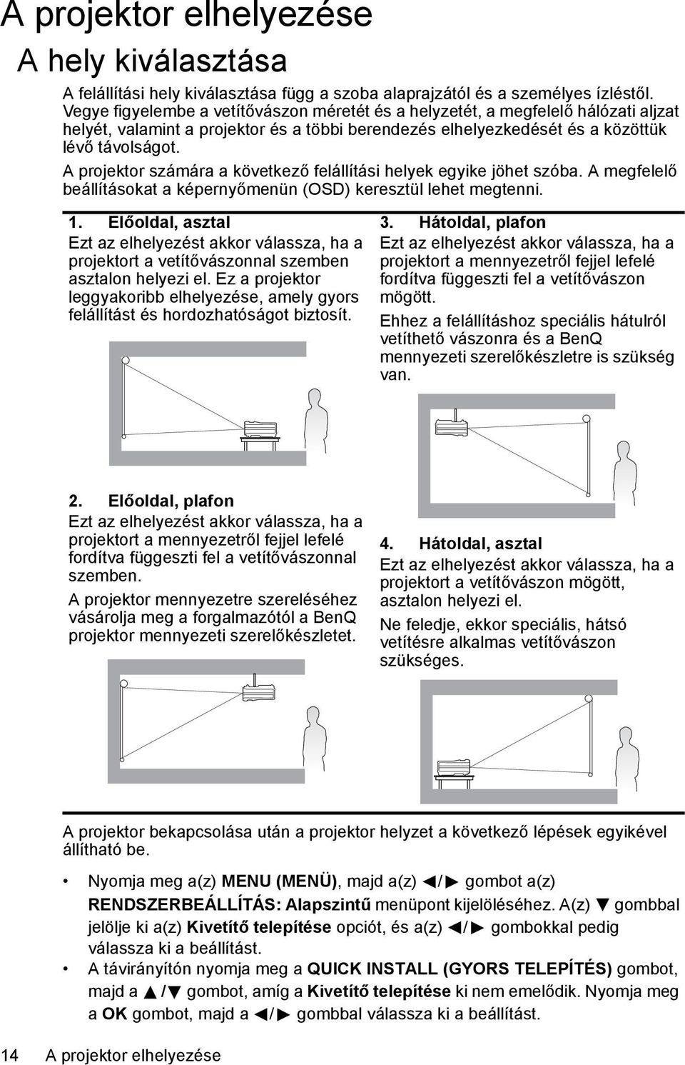 A projektor számára a következő felállítási helyek egyike jöhet szóba. A megfelelő beállításokat a képernyőmenün (OSD) keresztül lehet megtenni. 1.