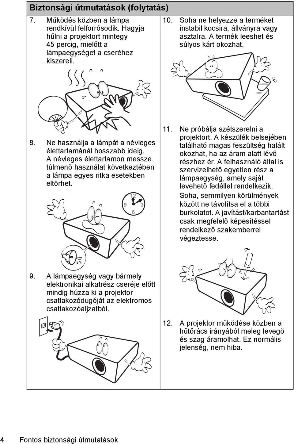 A névleges élettartamon messze túlmenő használat következtében a lámpa egyes ritka esetekben eltörhet. 11. Ne próbálja szétszerelni a projektort.