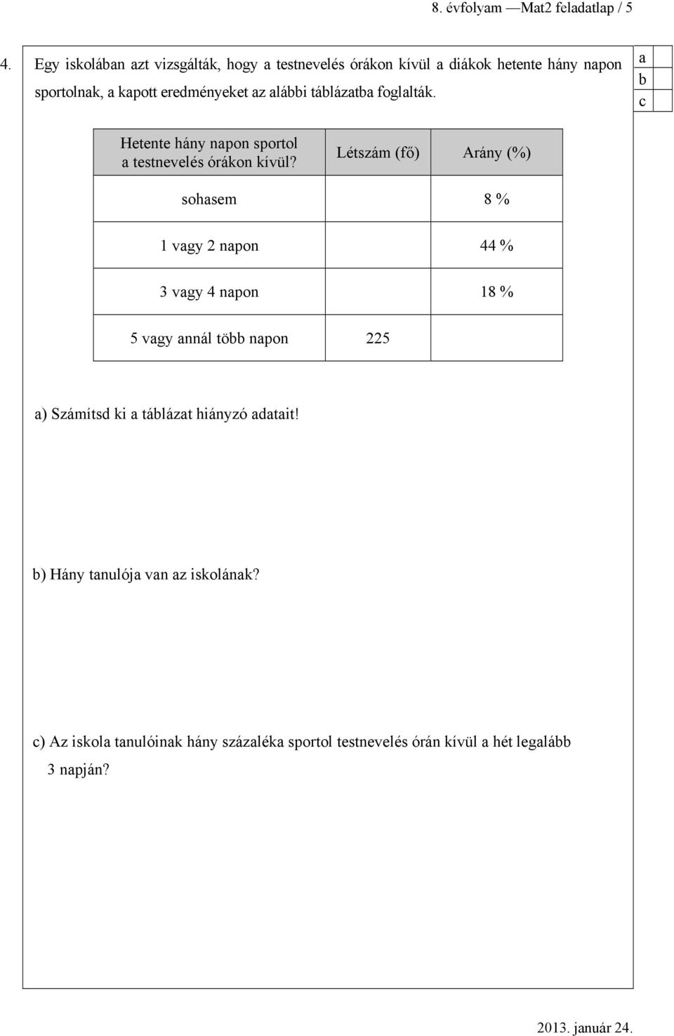 lái tálázt fogllták. Hetente hány npon sportol testnevelés órákon kívül?