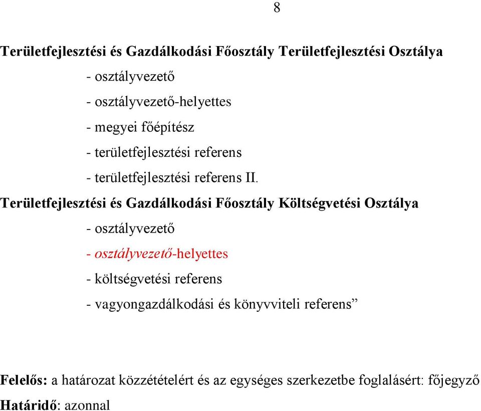 Területfejlesztési és Gazdálkodási Főosztály Költségvetési Osztálya - osztályvezető - osztályvezető-helyettes -