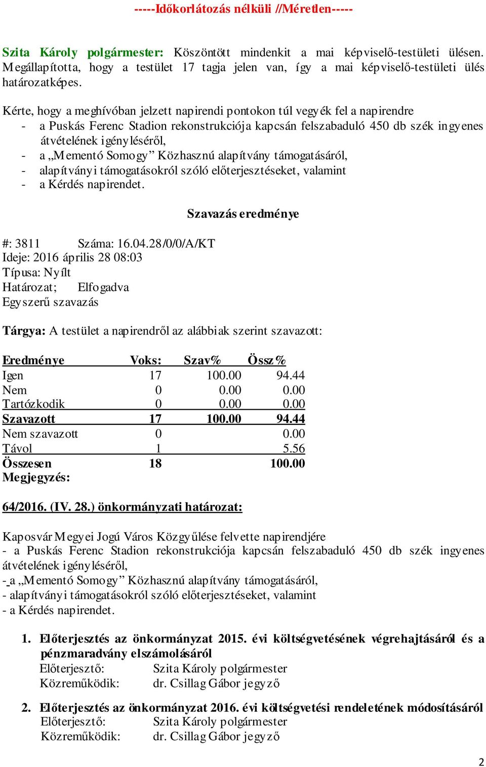 Kérte, hogy a meghívóban jelzett napirendi pontokon túl vegyék fel a napirendre - a Puskás Ferenc Stadion rekonstrukciója kapcsán felszabaduló 450 db szék ingyenes átvételének igényléséről, - a
