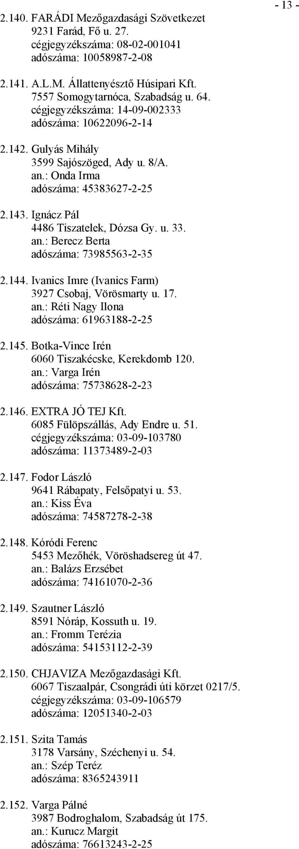 144. Ivanics Imre (Ivanics Farm) 3927 Csobaj, Vörösmarty u. 17. an.: Réti Nagy Ilona adószáma: 61963188-2-25 2.145. Botka-Vince Irén 6060 Tiszakécske, Kerekdomb 120. an.: Varga Irén adószáma: 75738628-2-23 2.