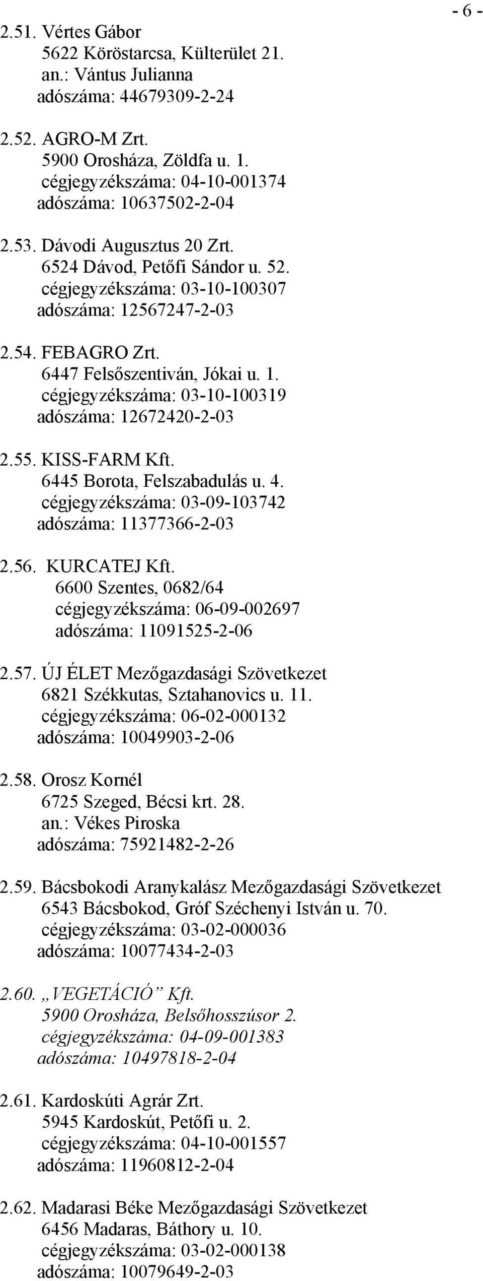 6447 Felsőszentiván, Jókai u. 1. cégjegyzékszáma: 03-10-100319 adószáma: 12672420-2-03 2.55. KISS-FARM Kft. 6445 Borota, Felszabadulás u. 4. cégjegyzékszáma: 03-09-103742 adószáma: 11377366-2-03 2.56.