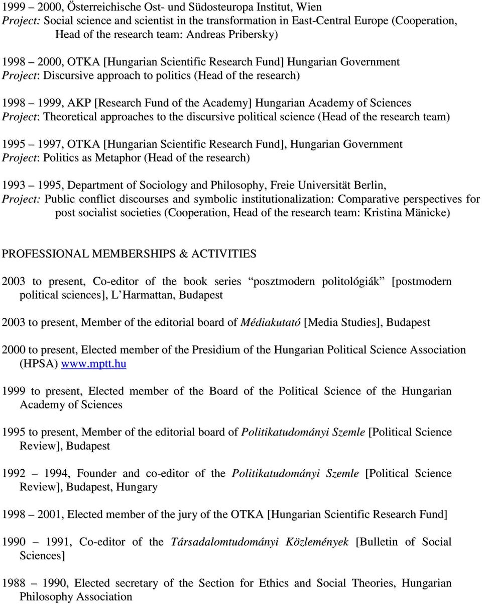 Hungarian Academy of Sciences Project: Theoretical approaches to the discursive political science (Head of the research team) 1995 1997, OTKA [Hungarian Scientific Research Fund], Hungarian