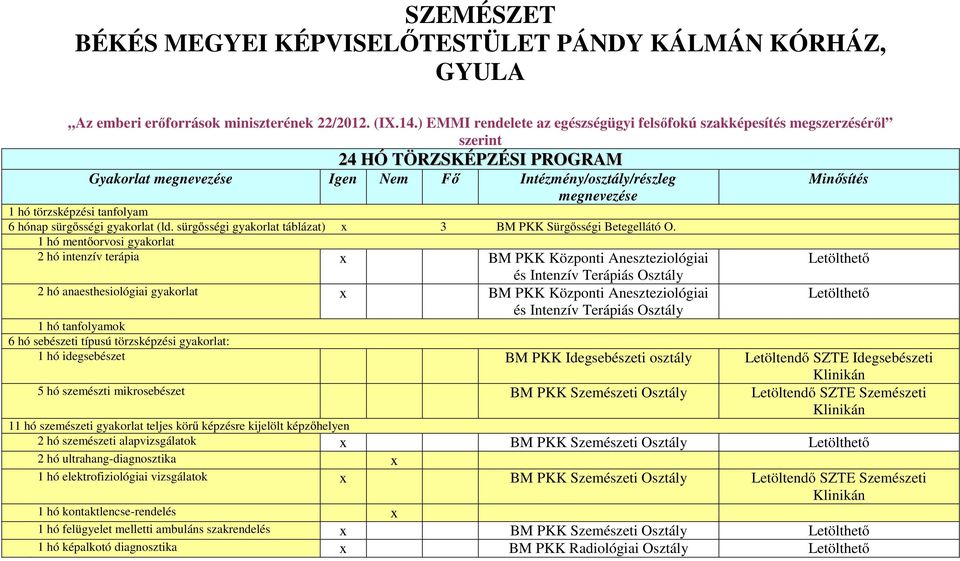 sürgősségi gyakorlat táblázat) x 3 BM PKK Sürgősségi Betegellátó O.