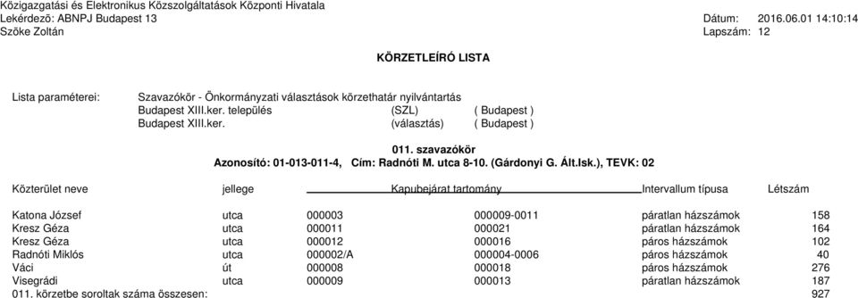 164 Kresz Géza utca 000012 000016 páros házszámok 102 Radnóti Miklós utca 000002/A 000004-0006 páros házszámok 40 Váci út