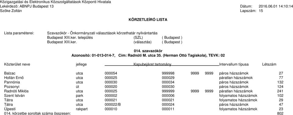 000030 000034 páros házszámok 132 Pozsonyi út 000020 000030 páros házszámok 124 Radnóti Miklós utca 000025 999999 9999 9999 páratlan házszámok 241 Szent István