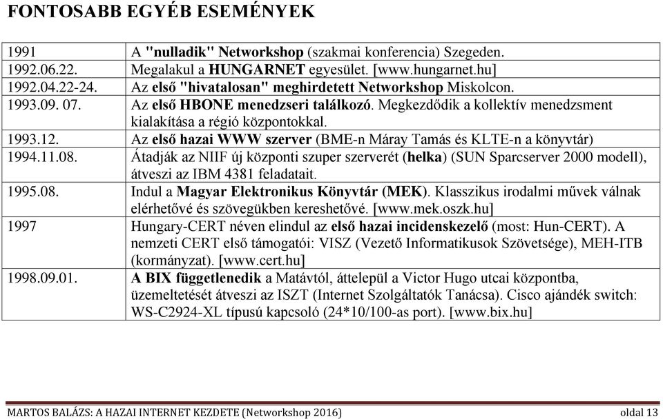 Az első hazai WWW szerver (BME-n Máray Tamás és KLTE-n a könyvtár) 1994.11.08. Átadják az NIIF új központi szuper szerverét (helka) (SUN Sparcserver 2000 modell), átveszi az IBM 4381 feladatait. 1995.