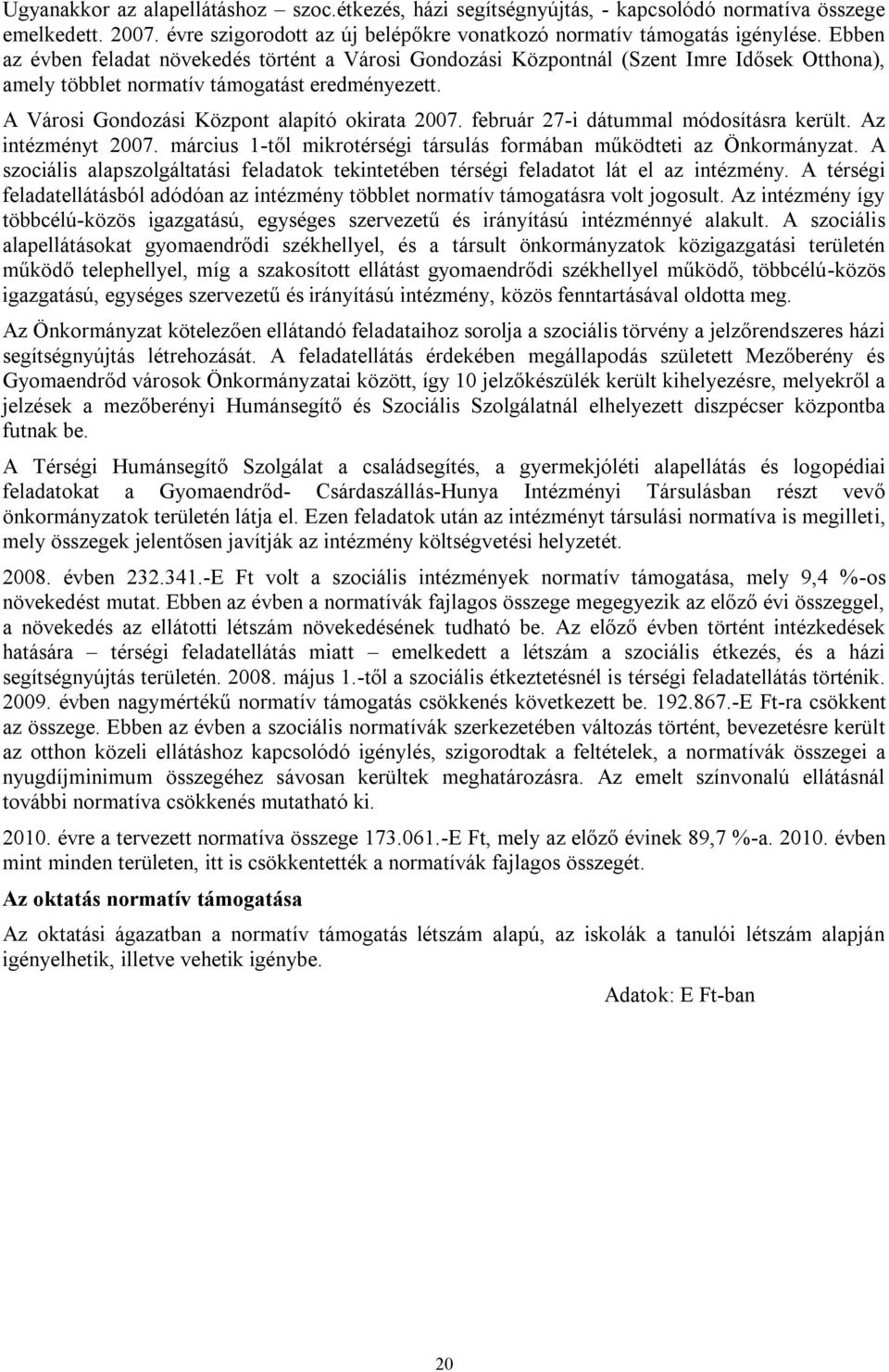 február 27-i dátummal módosításra került. Az intézményt 2007. március 1-től mikrotérségi társulás formában működteti az Önkormányzat.