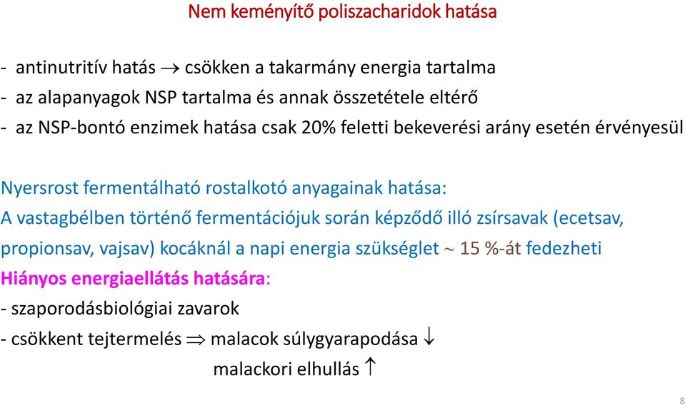 anyagainak hatása: A vastagbélben történő fermentációjuk során képződő illó zsírsavak (ecetsav, propionsav, vajsav) kocáknál a napi energia
