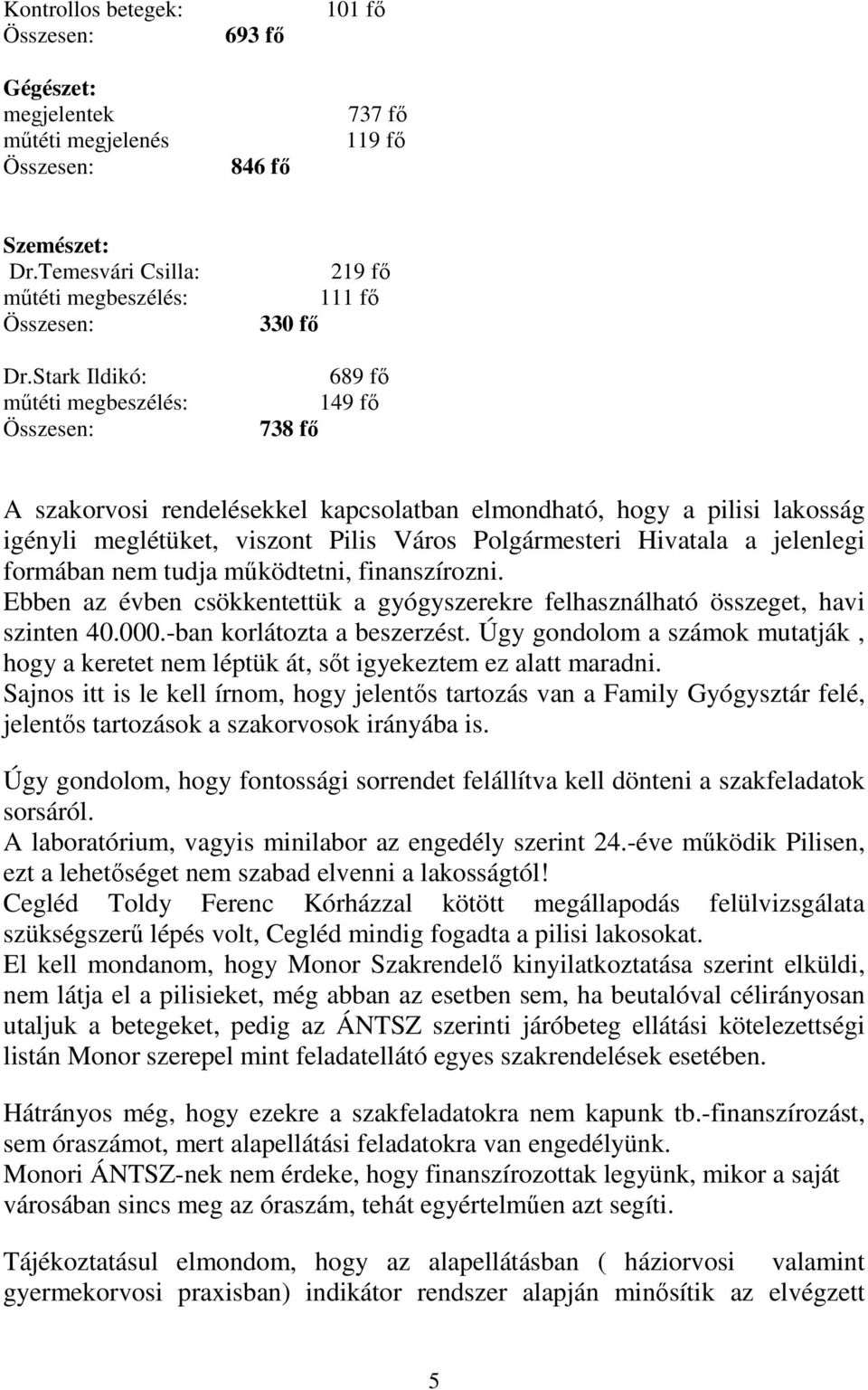 Polgármesteri Hivatala a jelenlegi formában nem tudja mőködtetni, finanszírozni. Ebben az évben csökkentettük a gyógyszerekre felhasználható összeget, havi szinten 40.000.-ban korlátozta a beszerzést.