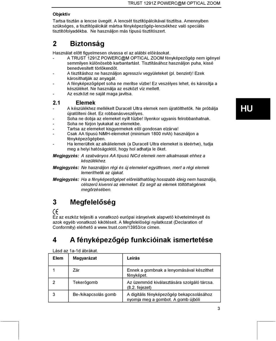 2 Biztonság Használat előtt figyelmesen olvassa el az alábbi előírásokat. - A TRUST 1291Z POWERC@M OPTICAL ZOOM fényképezőgép nem igényel semmilyen különösebb karbantartást.